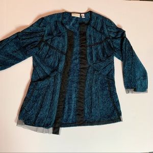 Chicos Blue cardigan with black trim and beading